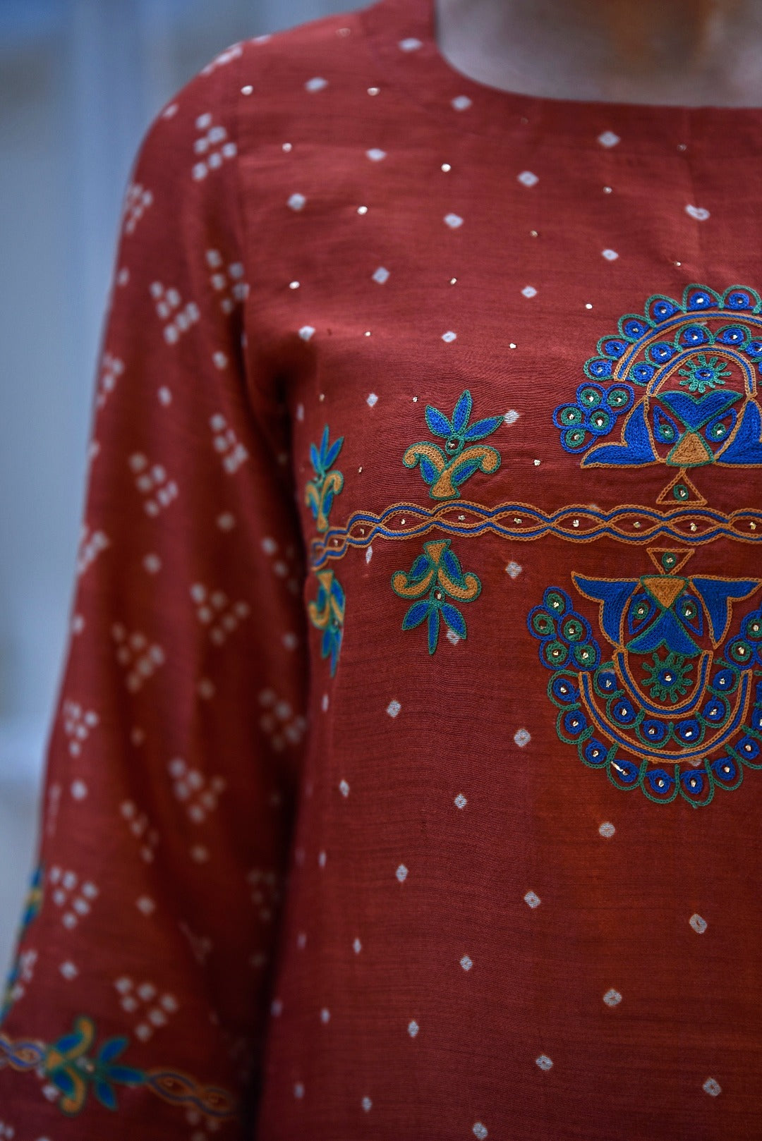Sitara Rust Embroidered Munga Silk Kurta Bottom Dupatta Set | Ray Ethnic