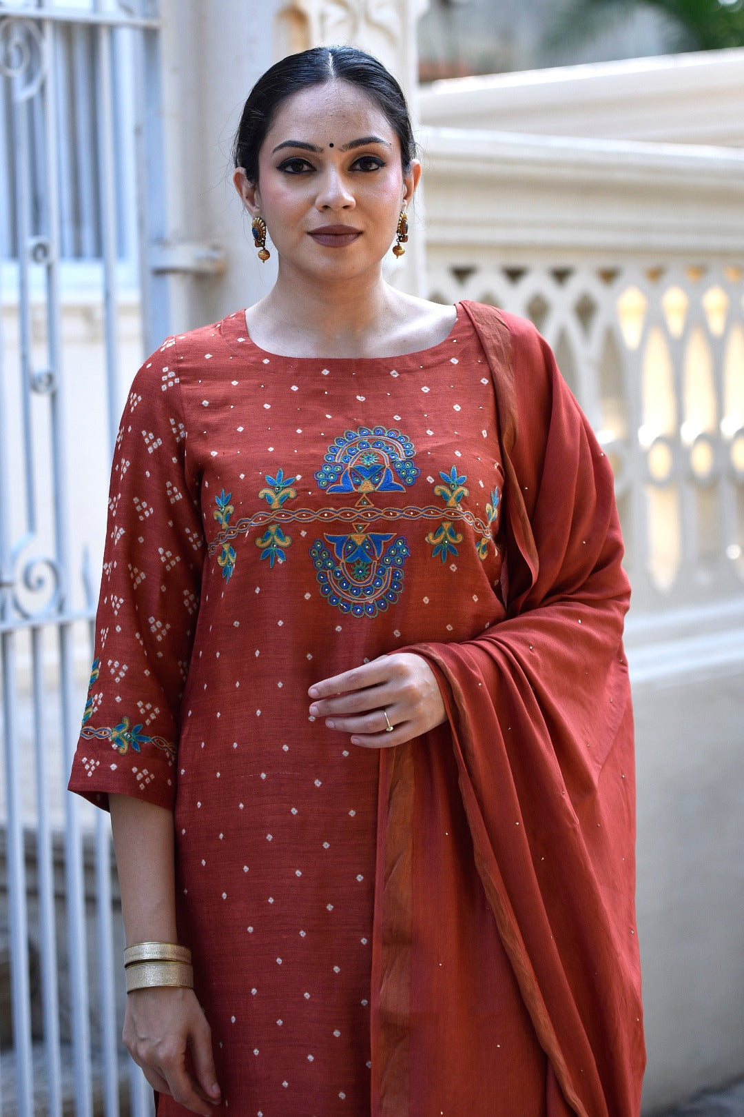 Sitara Rust Embroidered Munga Silk Kurta Bottom Dupatta Set | Ray Ethnic