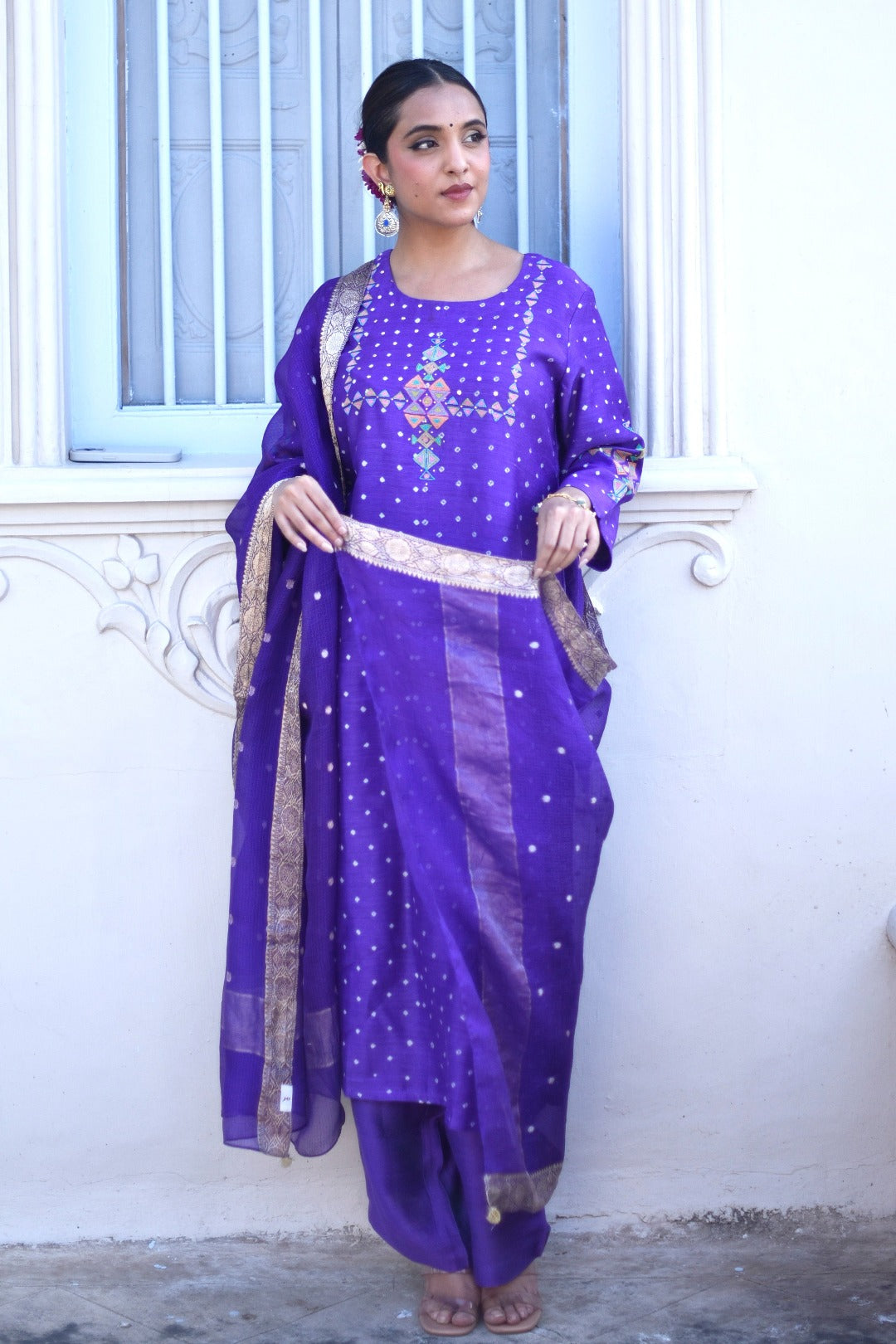 Sitara Purple Embroidered Munga Silk Kurta Bottom Dupatta Set | Ray Ethnic