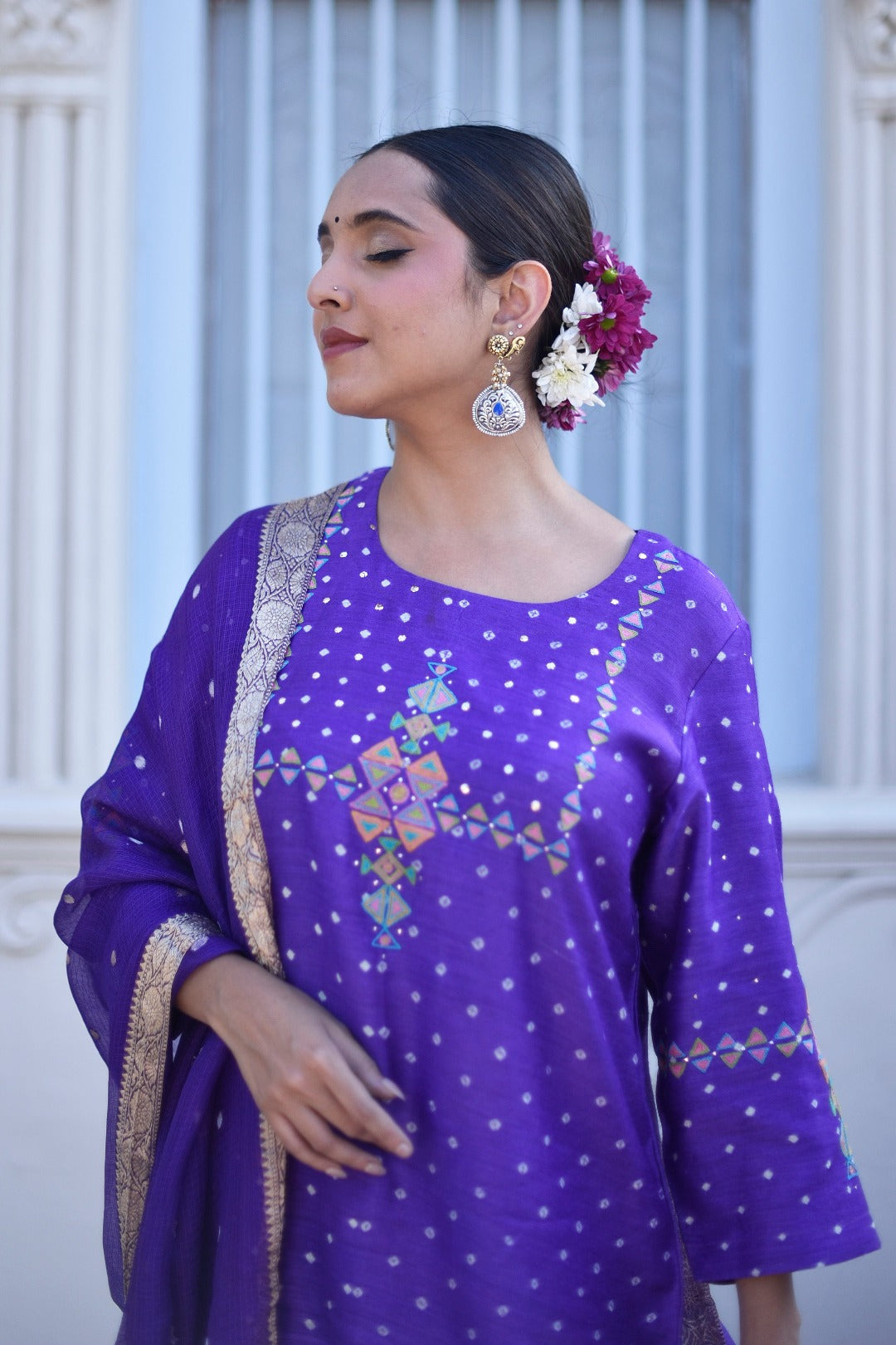 Sitara Purple Embroidered Munga Silk Kurta Bottom Dupatta Set | Ray Ethnic