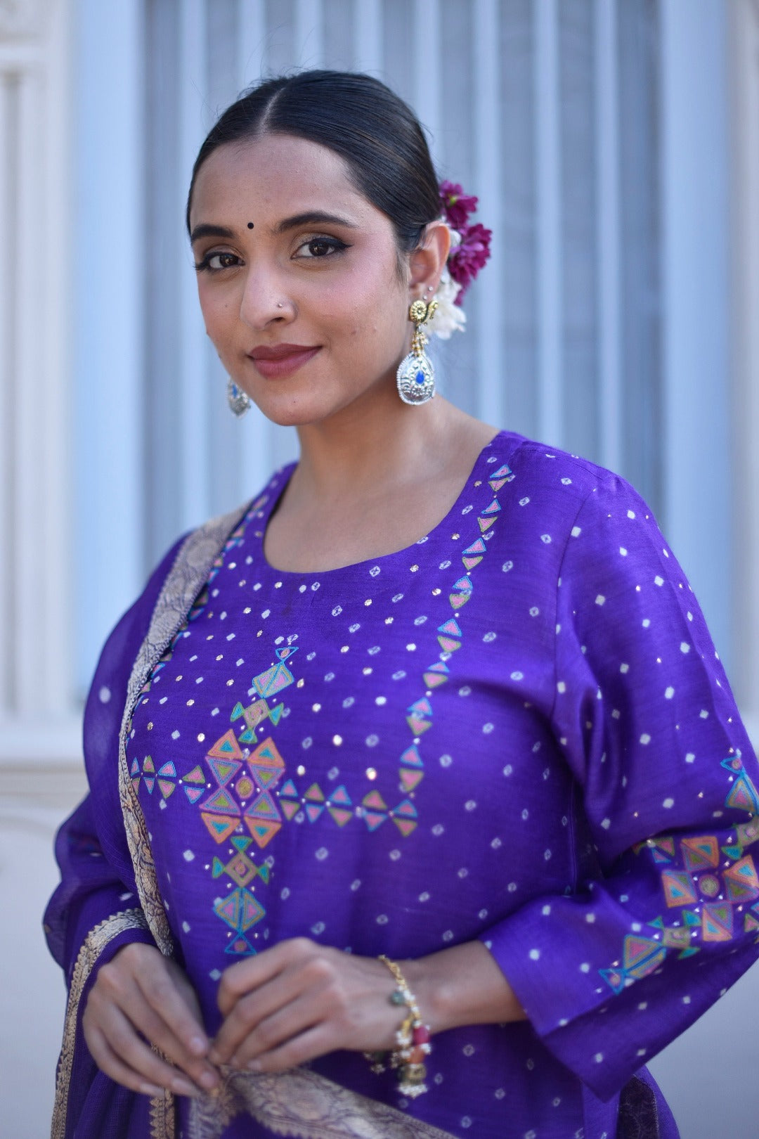 Sitara Purple Embroidered Munga Silk Kurta Bottom Dupatta Set | Ray Ethnic