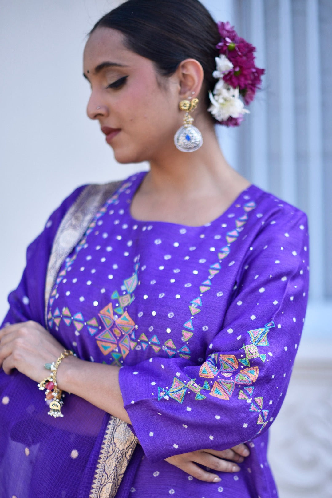 Sitara Purple Embroidered Munga Silk Kurta Bottom Dupatta Set | Ray Ethnic