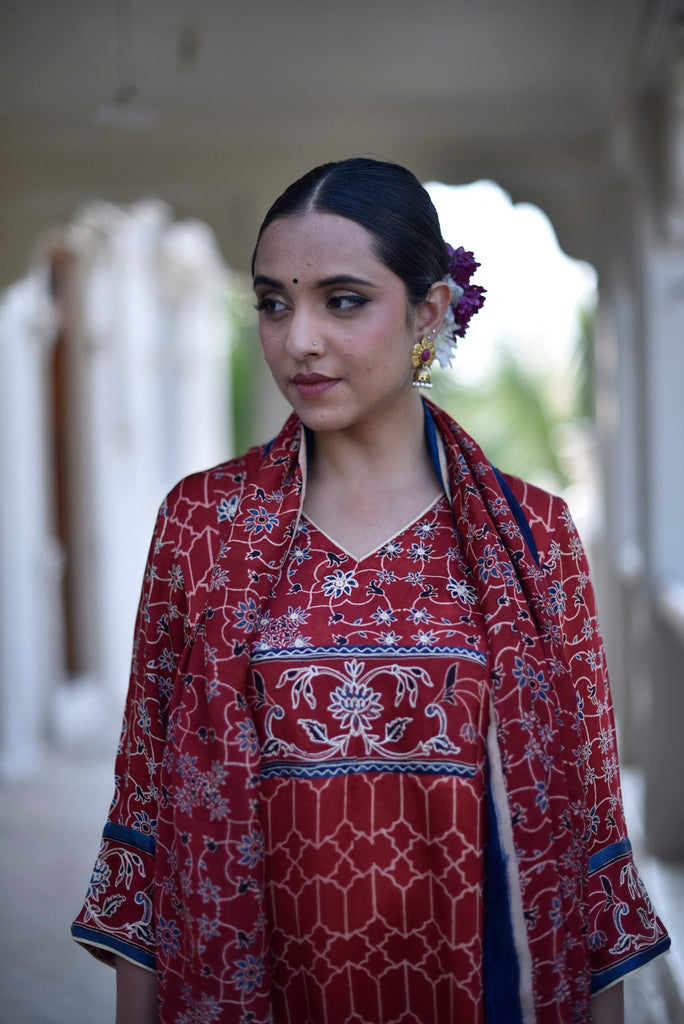 Mukeshwork and Ajrakh Block Printed Modal Silk Dress