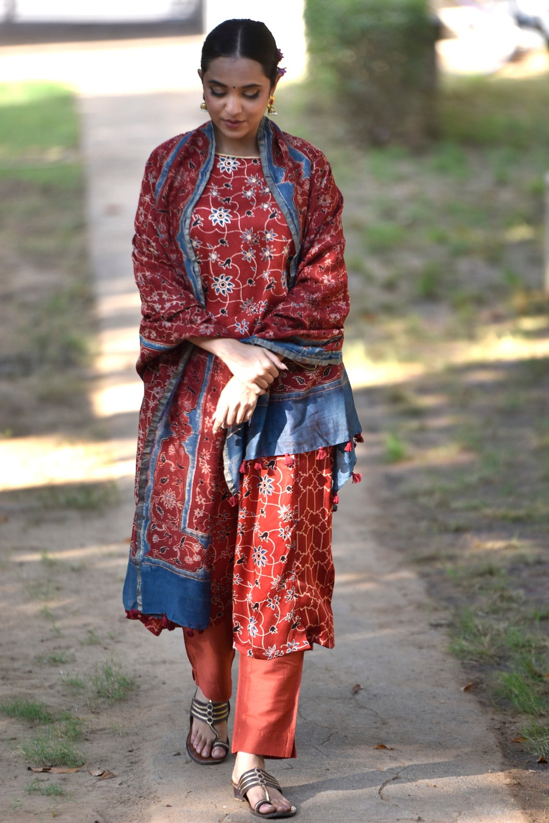 Taraasha Rust Dabu Block Print Modal Kurta | Ray - Ethnic