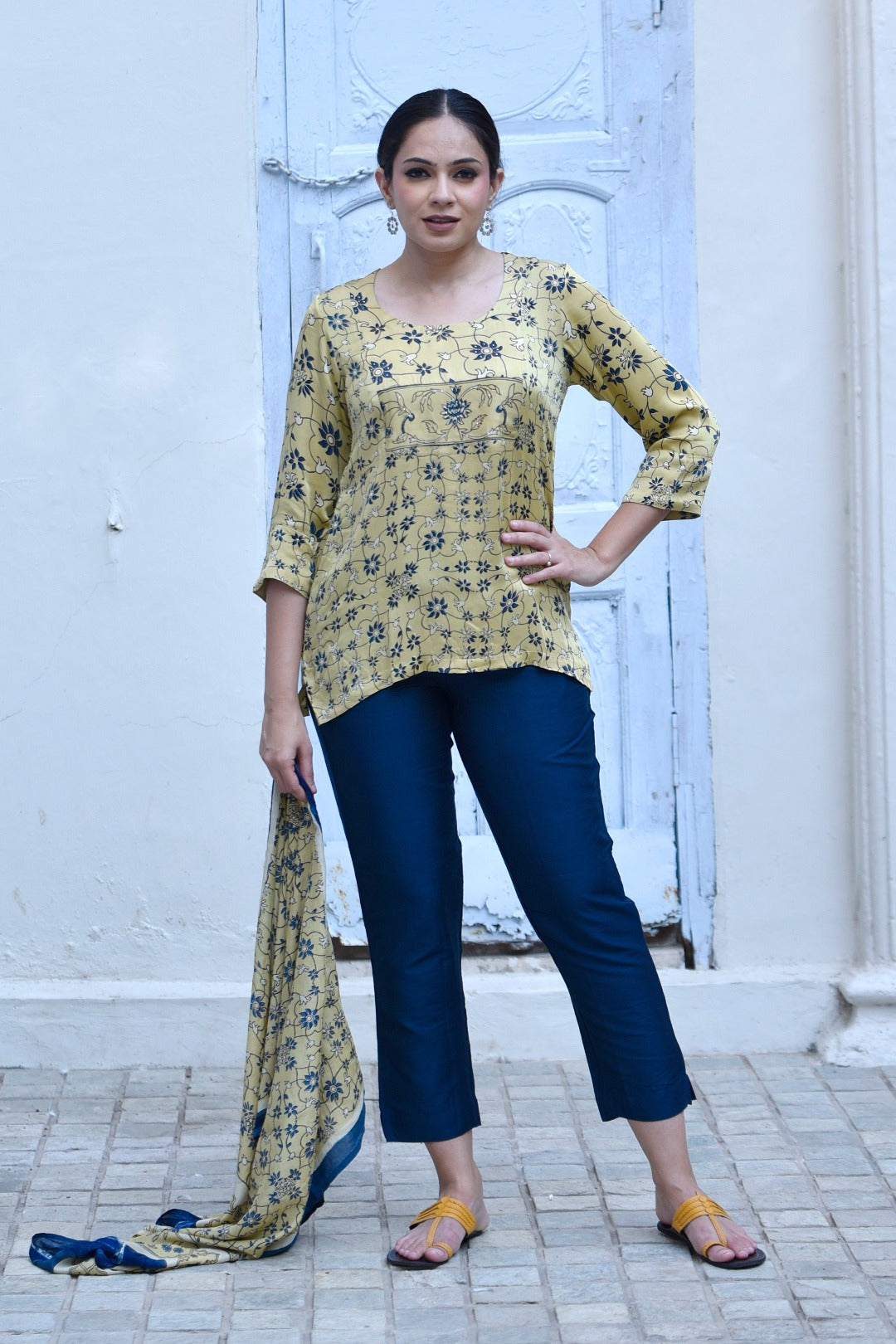 Taraasha Green Block Print Modal Satin Top | Ray-Ethnic