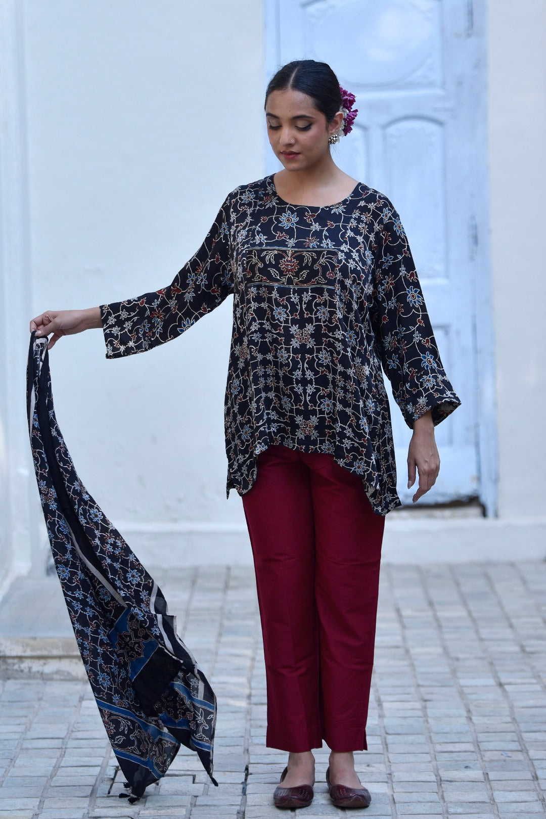 Taraasha Black Block Print Modal Satin Top | Ray-Ethnic