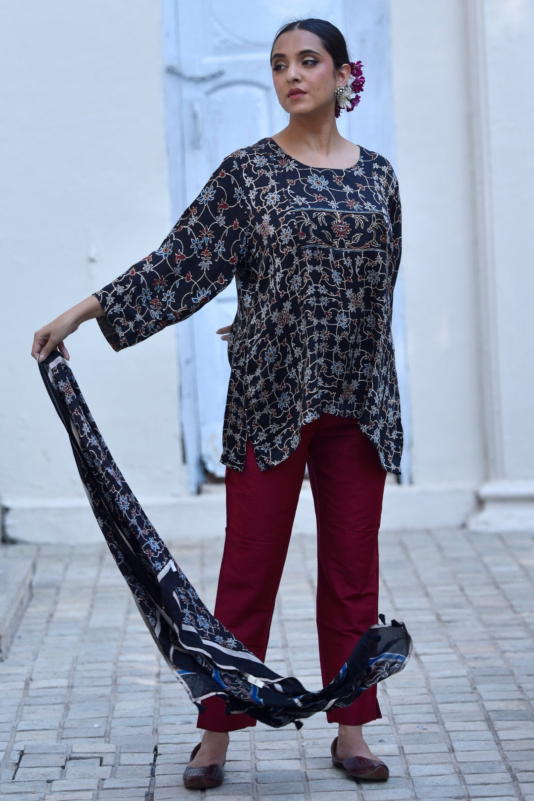 Taraasha Black Block Print Modal Satin Top | Ray-Ethnic