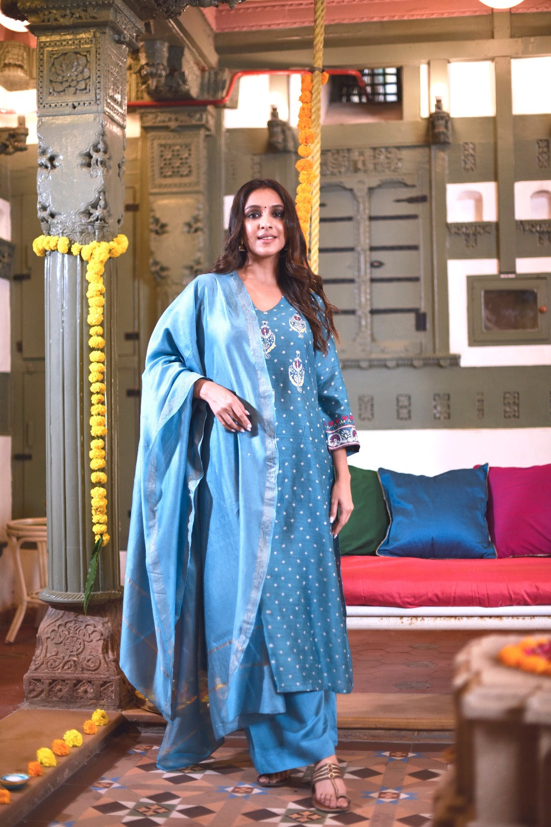 Sitara Blue Munga Silk Kurta Bottom Set | Ray-ethnic