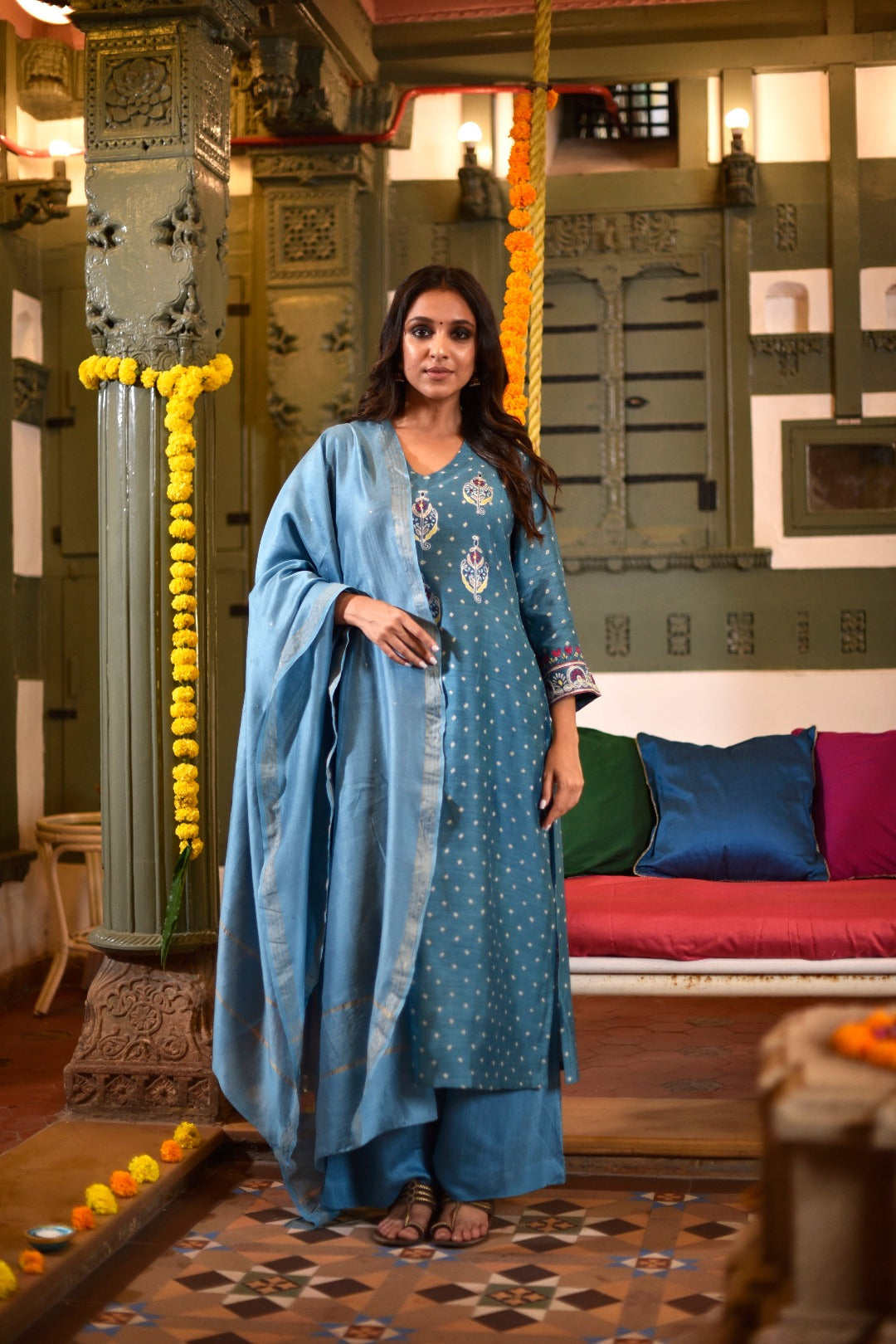 Sitara Blue Munga Silk Kurta Bottom Set | Ray-ethnic