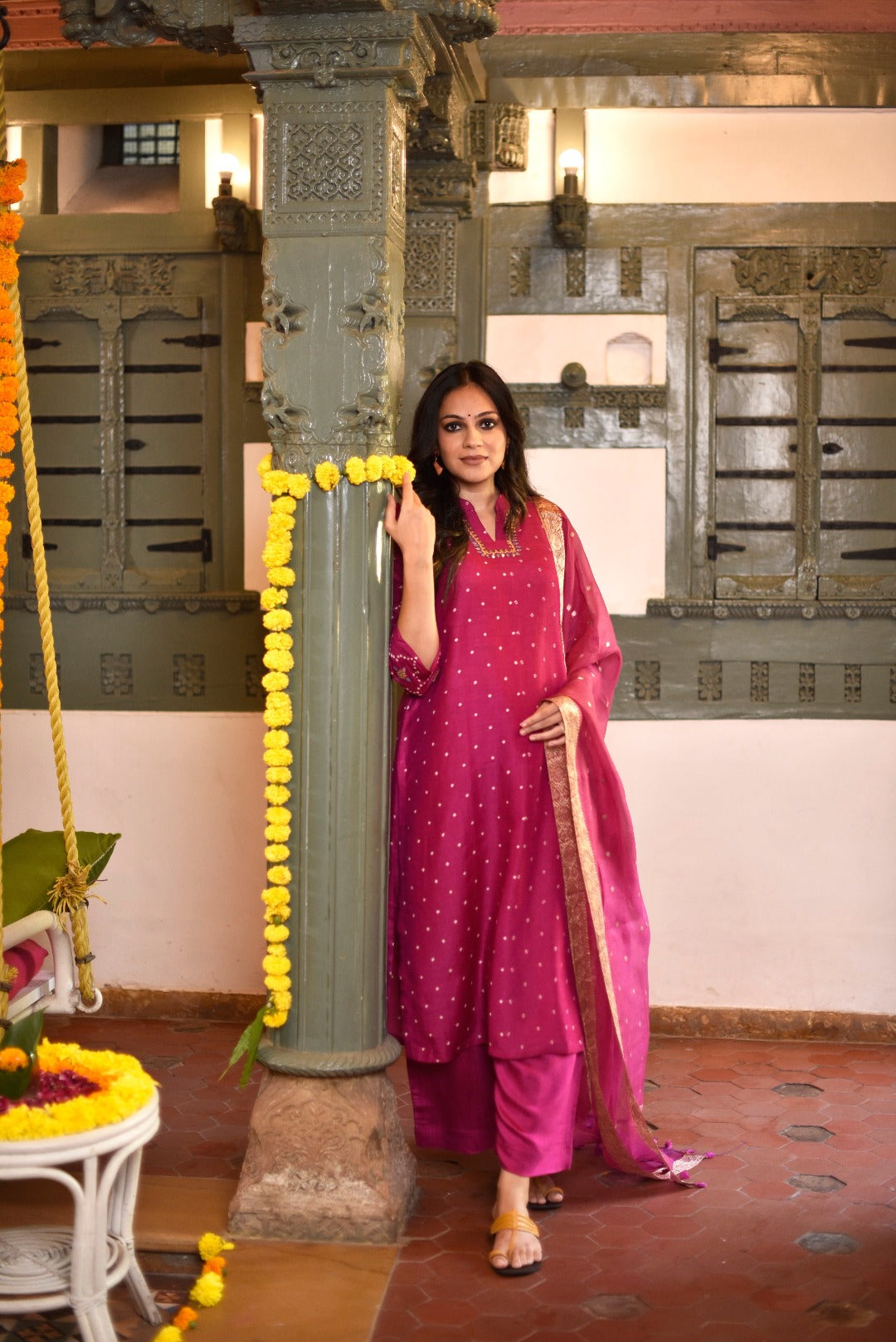 Sitara Pink Embroidered Munga Silk Kurta Bottom Dupatta Set | Ray-ethnic