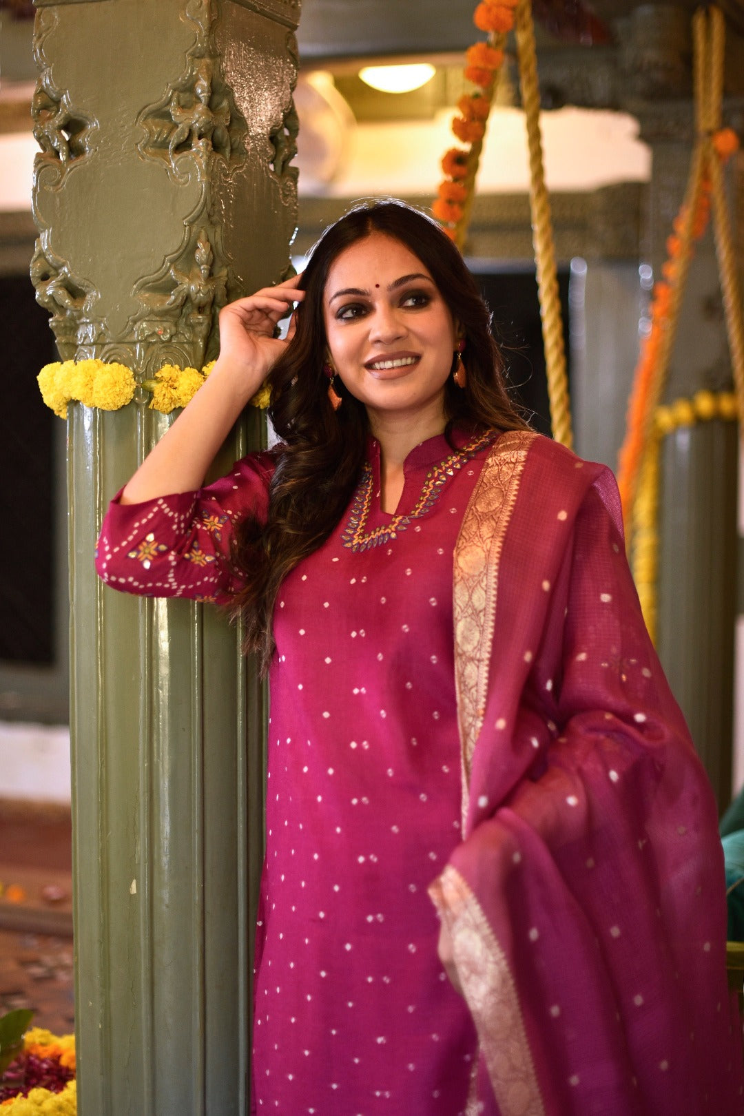 Sitara Pink Embroidered Munga Silk Kurta Bottom Dupatta Set | Ray-ethnic