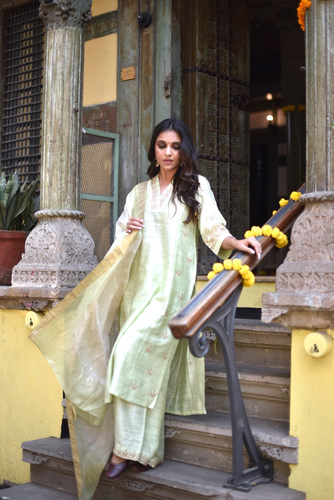 Sitara Green Embroidery Chanderi Slub Kurta Bottom Dupatta Set | Ray-ethnic