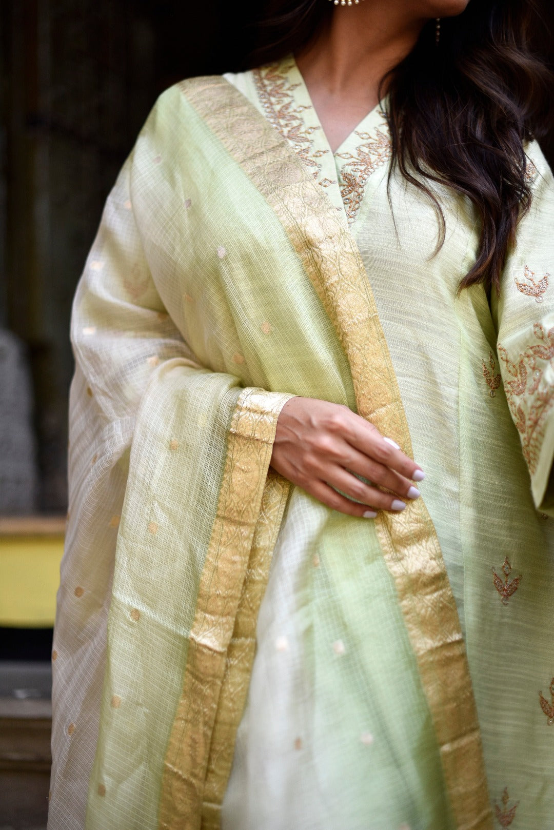 Sitara Green Embroidery Chanderi Slub Kurta Bottom Dupatta Set | Ray-ethnic