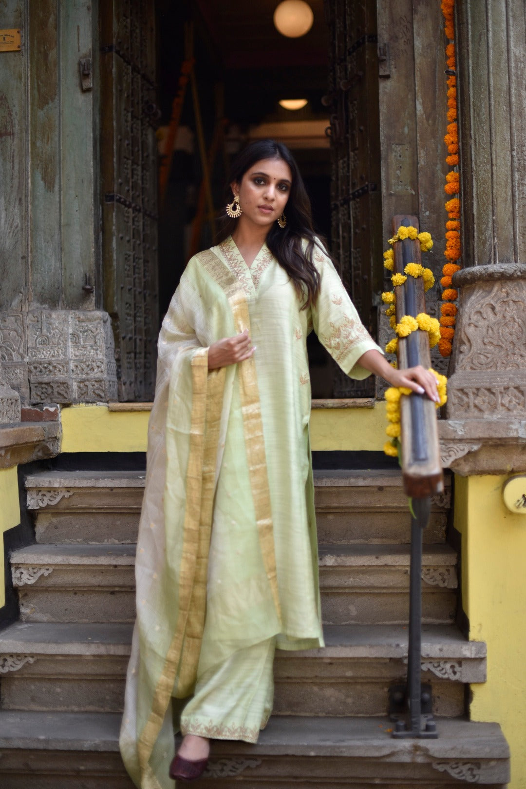 Sitara Green Embroidery Chanderi Slub Kurta Bottom Dupatta Set | Ray-ethnic