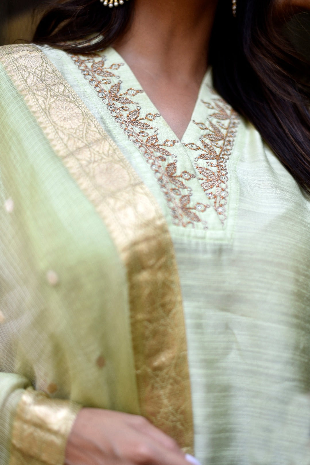Sitara Green Embroidery Chanderi Slub Kurta Bottom Dupatta Set | Ray-ethnic