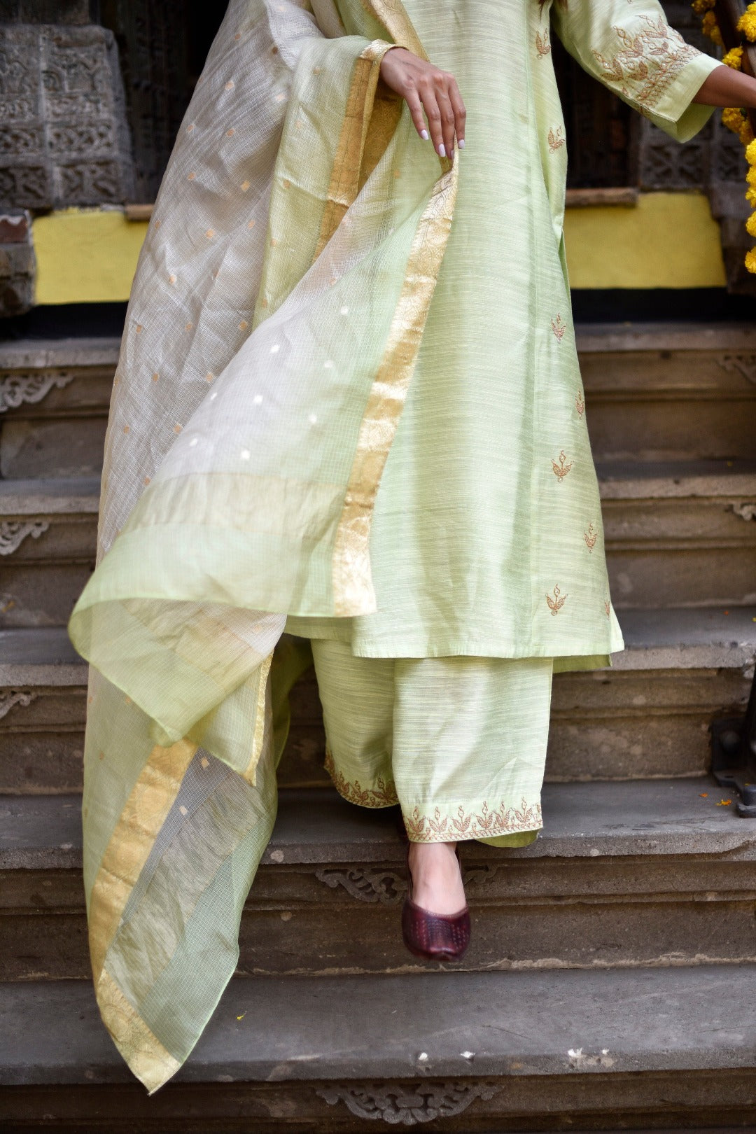 Sitara Green Embroidery Chanderi Slub Kurta Bottom Dupatta Set | Ray-ethnic