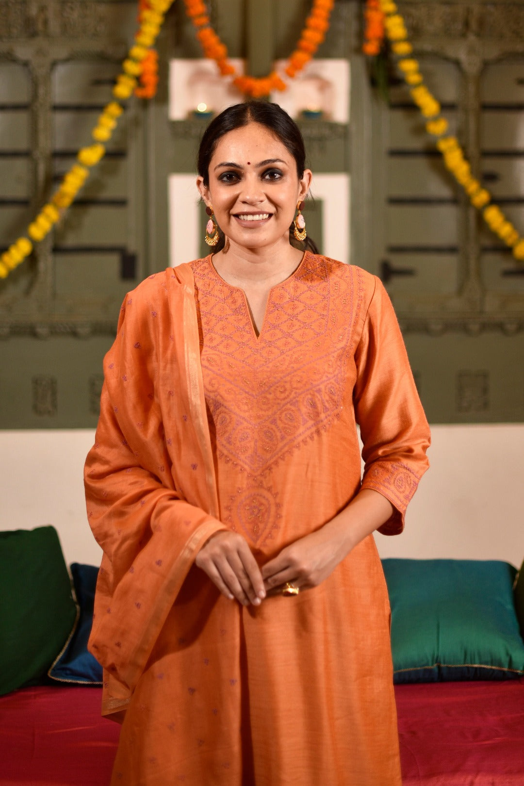 Sitara Peach Embroidered Munga Silk Kurta Bottom Dupatta set | Ray-ethnic