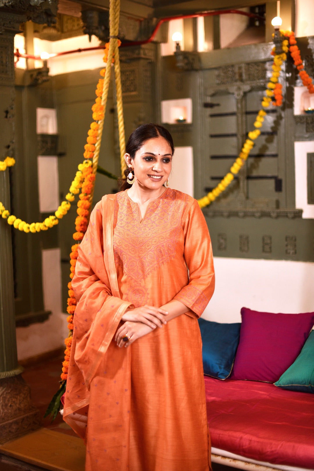 Sitara Peach Embroidered Munga Silk Kurta Bottom Dupatta set | Ray-ethnic