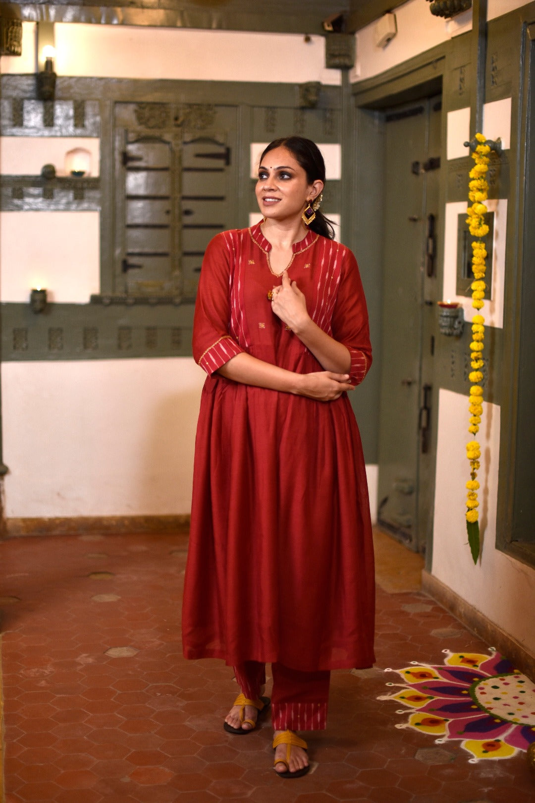 Sitara Red Ikkat Silk Kurta Bottom Set | Ray-ethnic