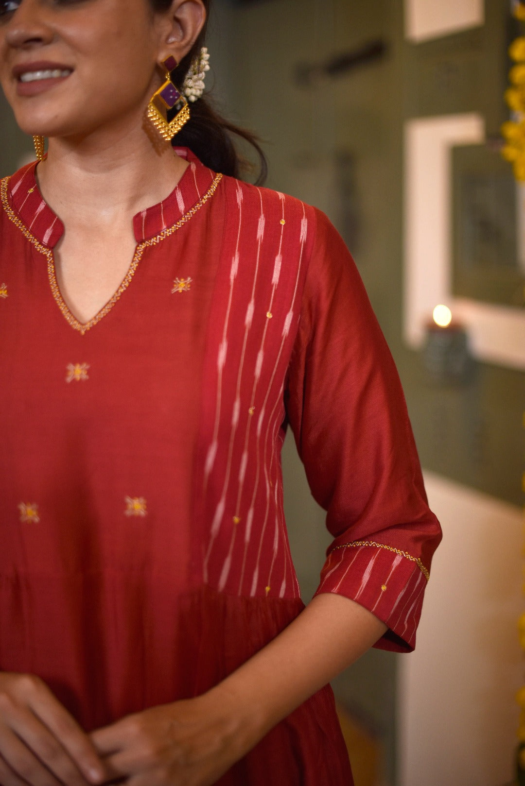 Sitara Red Ikkat Silk Kurta Bottom Set | Ray-ethnic