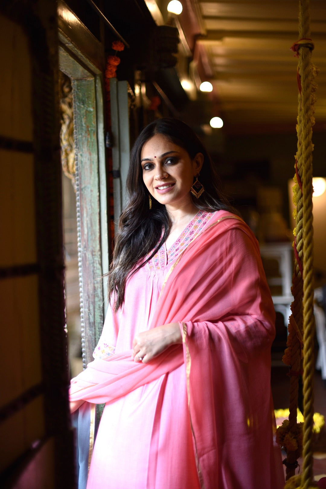 Sitara Embroidery Pink Bamboo Silk Kurta Bottom Dupatta set | Ray-ethnic