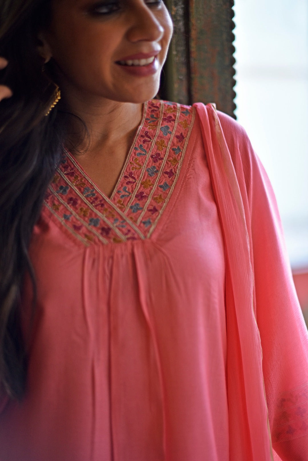 Sitara Embroidery Pink Bamboo Silk Kurta Bottom Dupatta set | Ray-ethnic