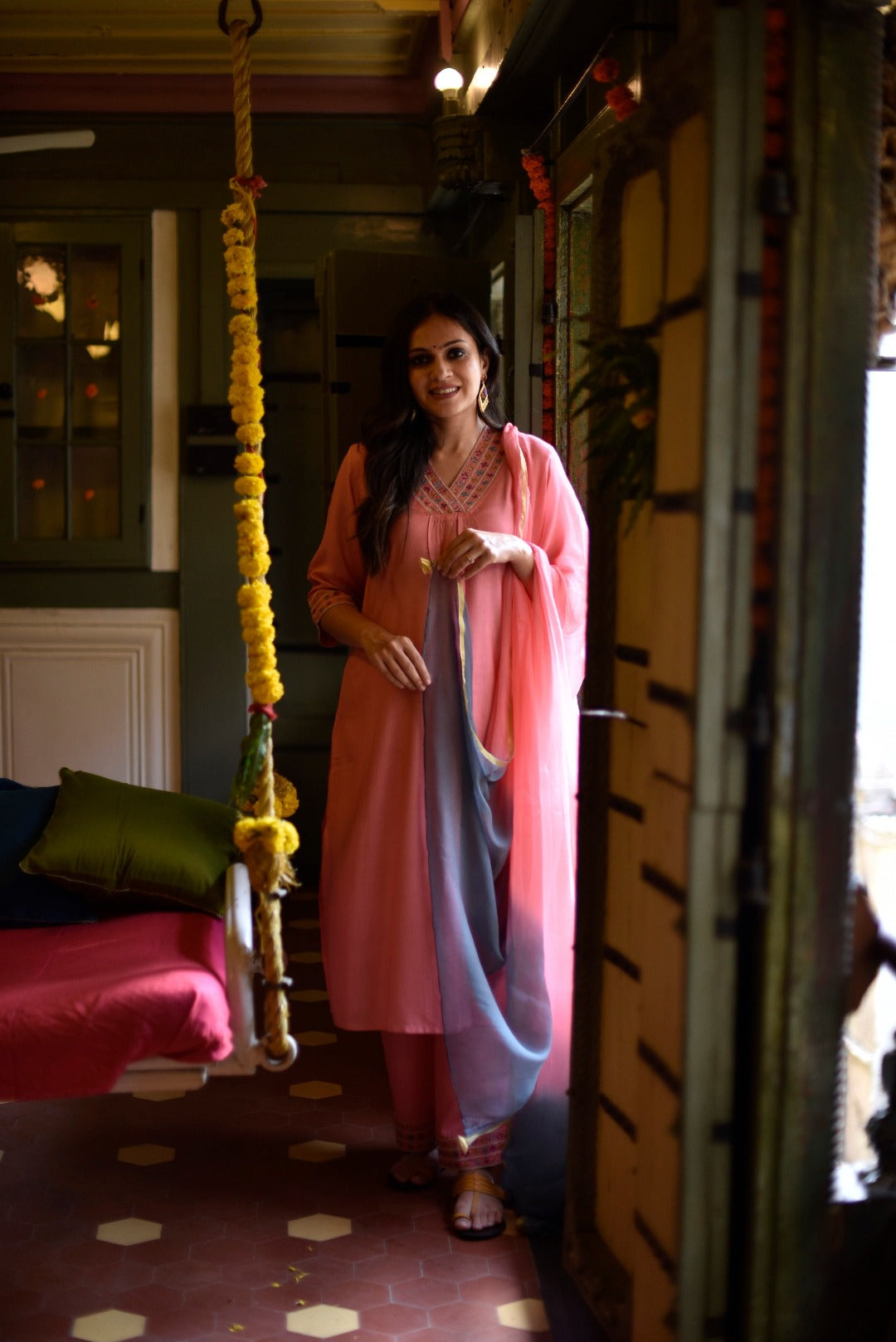 Sitara Embroidery Pink Bamboo Silk Kurta Bottom Dupatta set | Ray-ethnic