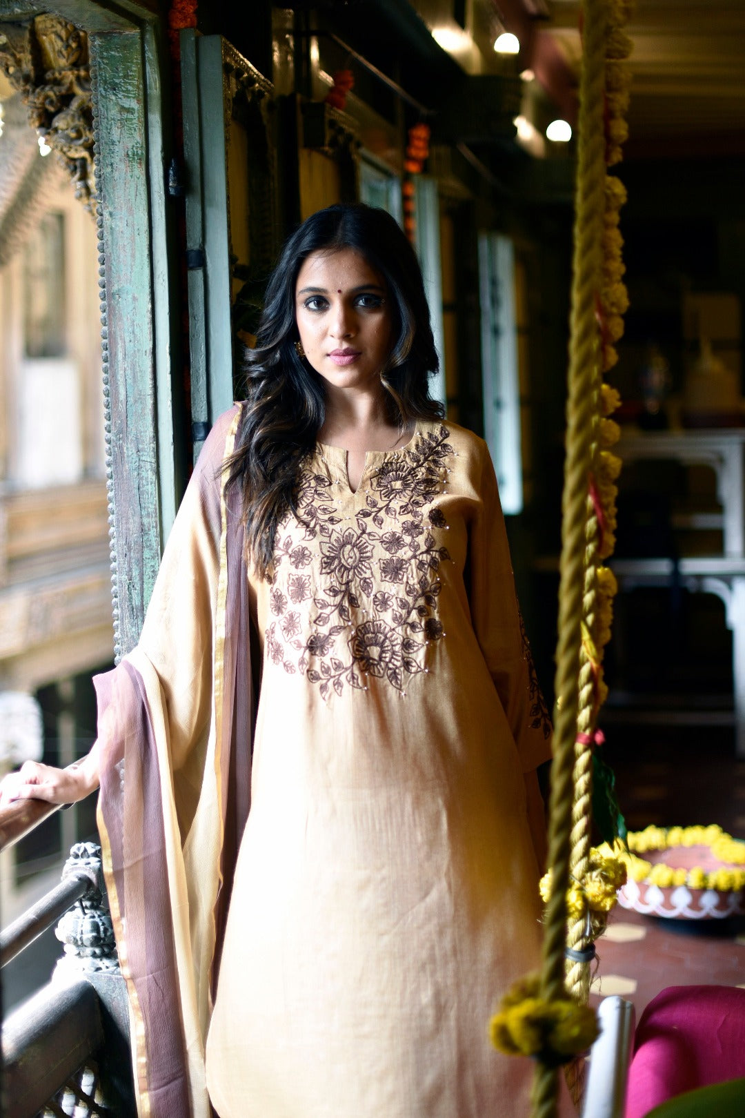 Sitara Ari Work Bamboo Silk Kurta Bottom Dupatta Set | Ray-ethnic