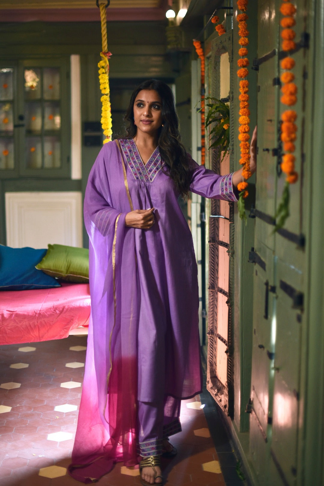 Sitara Embroidery Purple Bamboo Silk Kurta Bottom Dupatta Set | Ray-ethnic