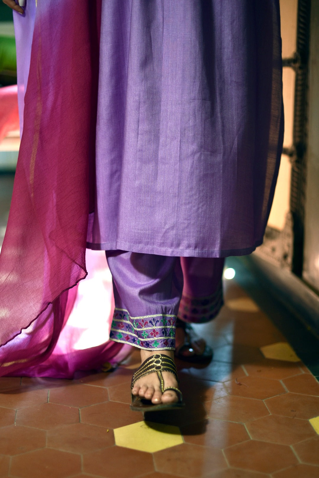 Sitara Embroidery Purple Bamboo Silk Kurta Bottom Dupatta Set | Ray-ethnic
