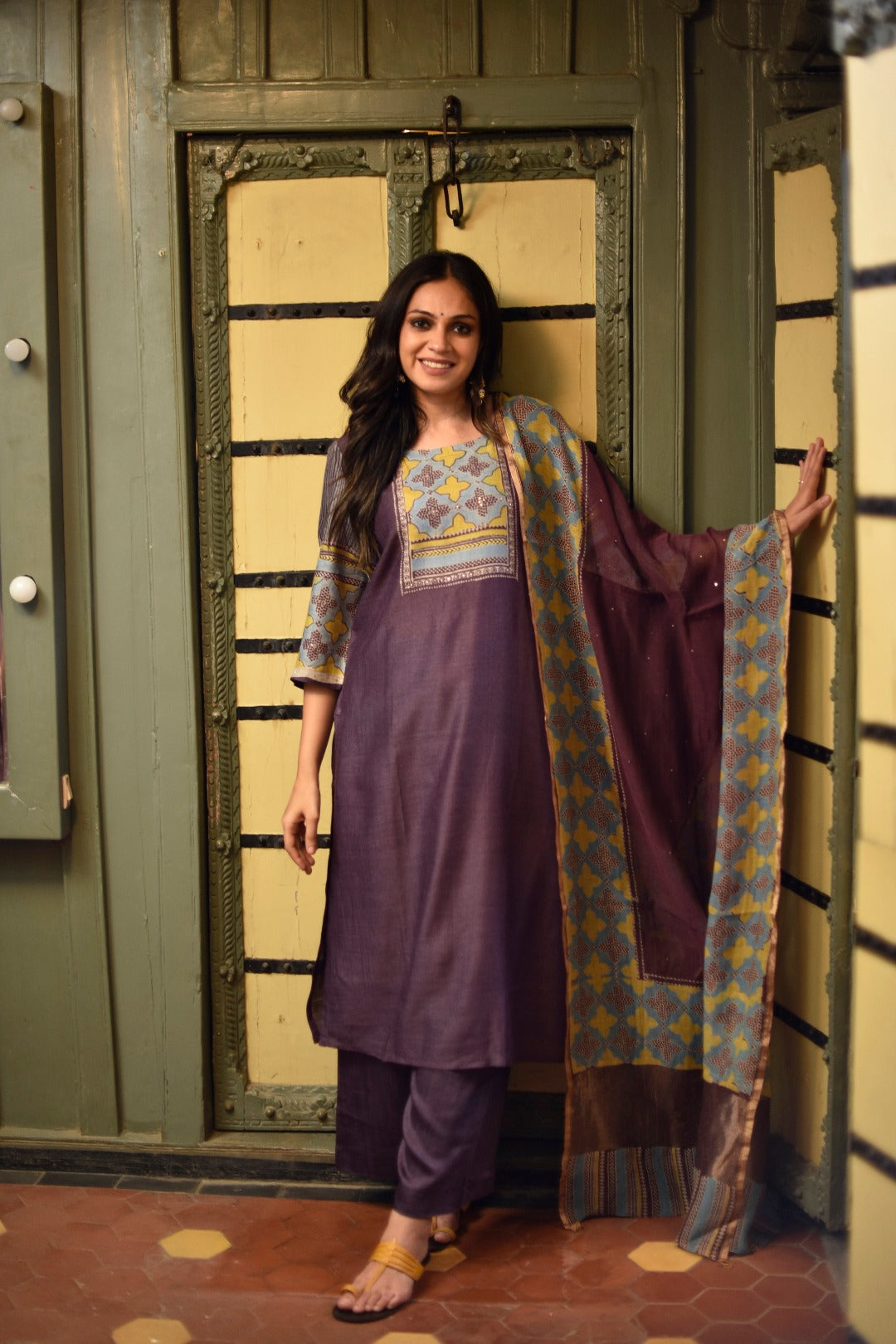 Sitara Purple Block Print Munga Silk Kurta Bottom Dupatta Set | Ray-ethnic