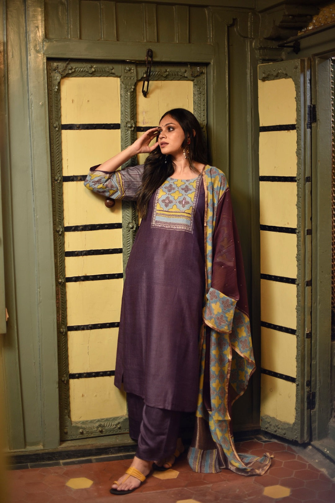 Sitara Purple Block Print Munga Silk Kurta Bottom Dupatta Set | Ray-ethnic