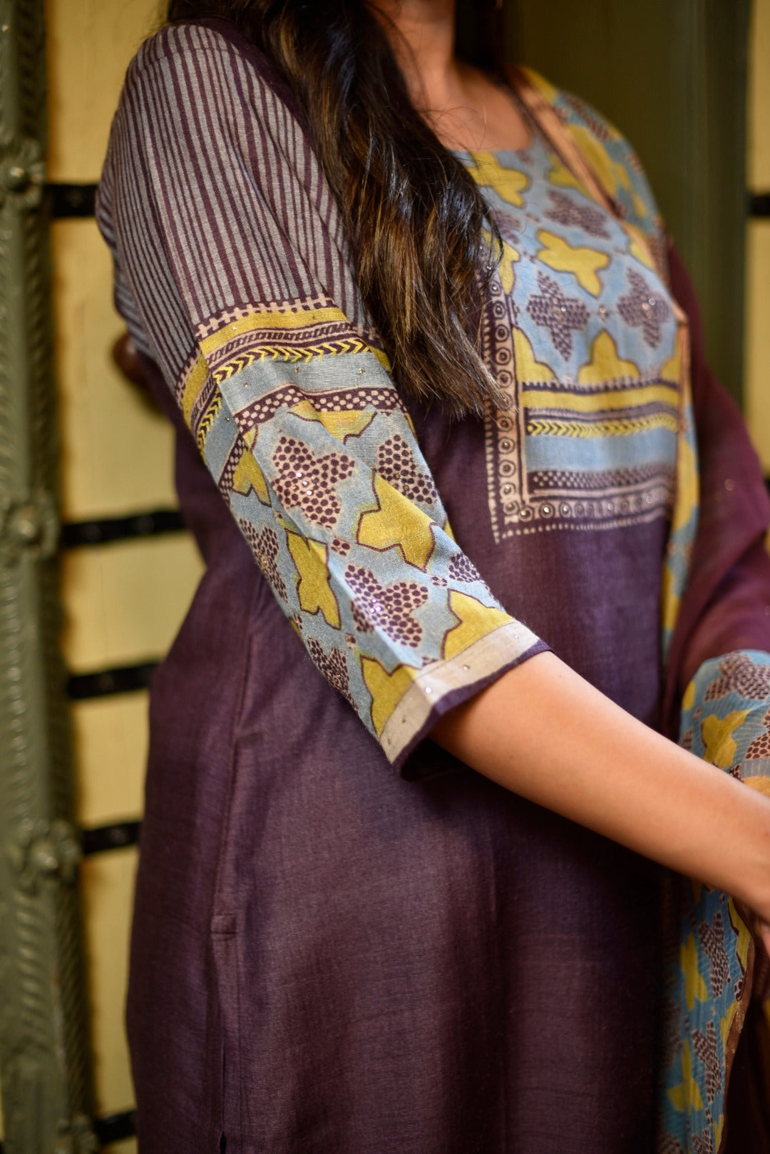 Sitara Purple Block Print Munga Silk Kurta Bottom Dupatta Set | Ray-ethnic