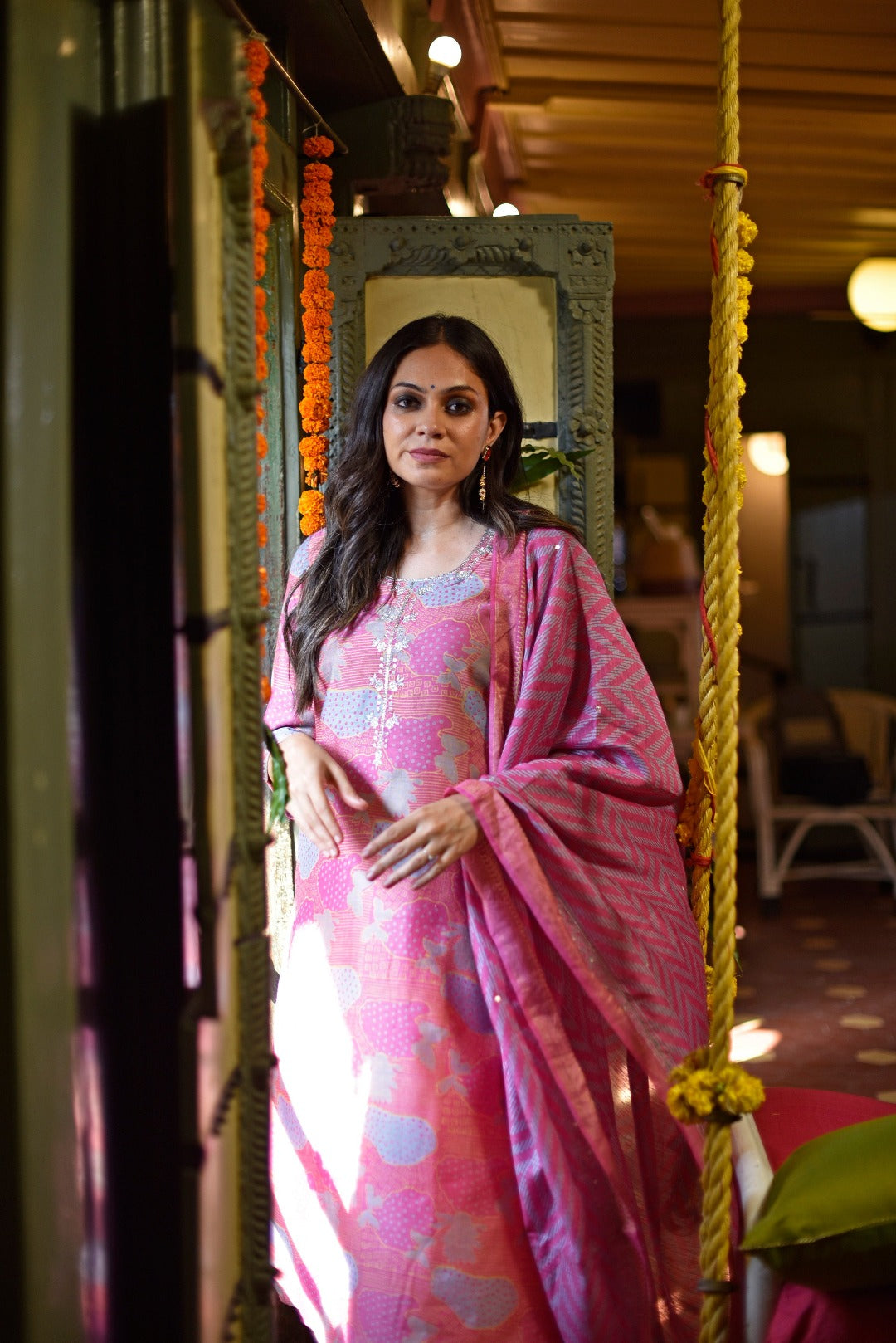 Sitara Pink Hand Embroidered Munga Silk Kurta Bottom Dupatta Set | Ray-ethnic