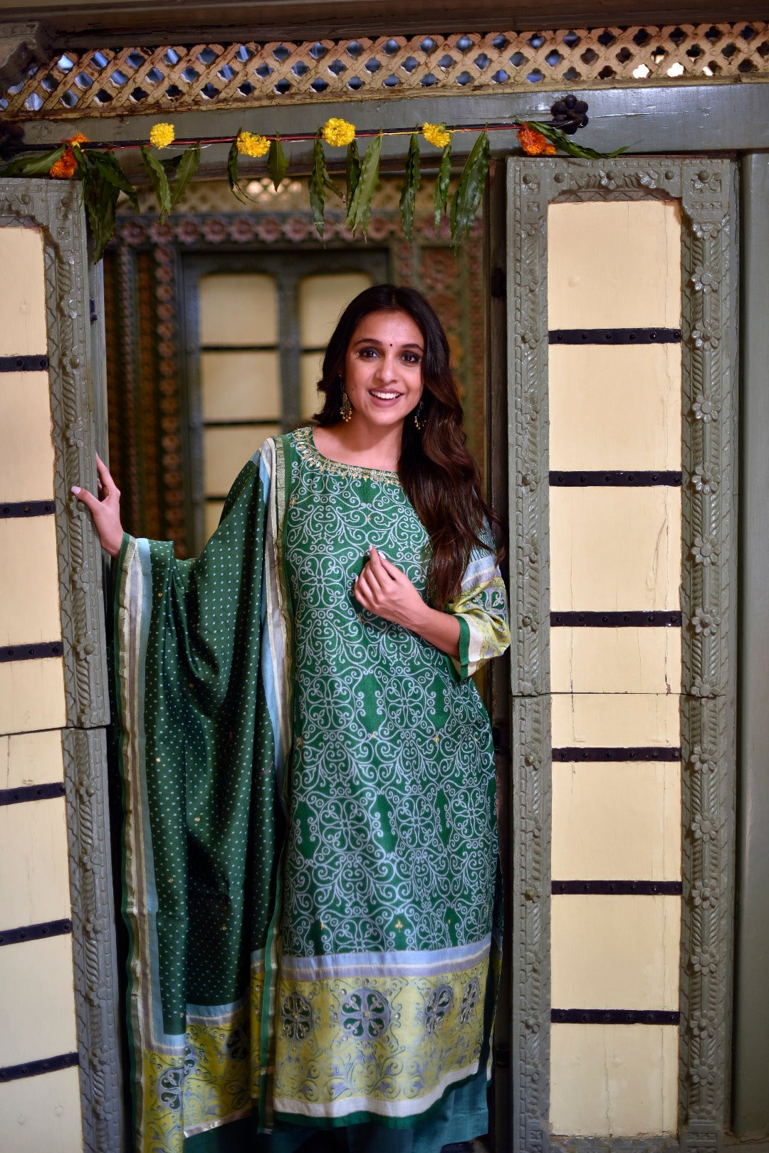 Sitara Green Block Print Munga Silk Kurta Bottom Dupatta Set | Ray-ethnic