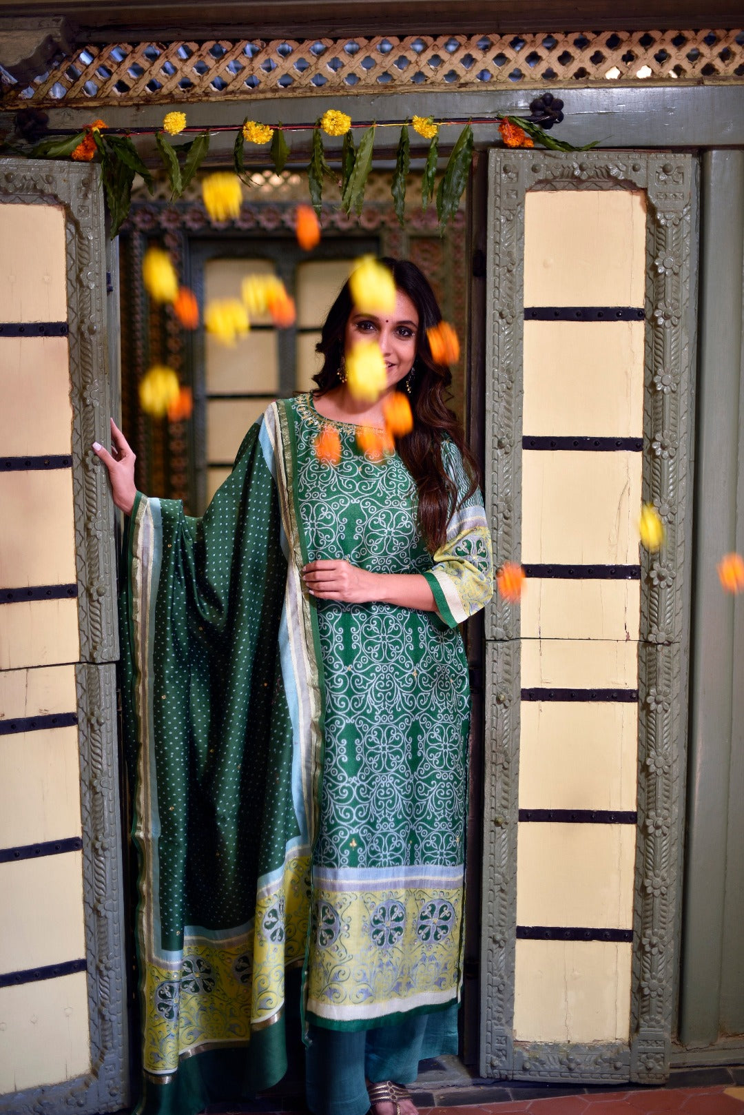 Sitara Green Block Print Munga Silk Kurta Bottom Dupatta Set | Ray-ethnic