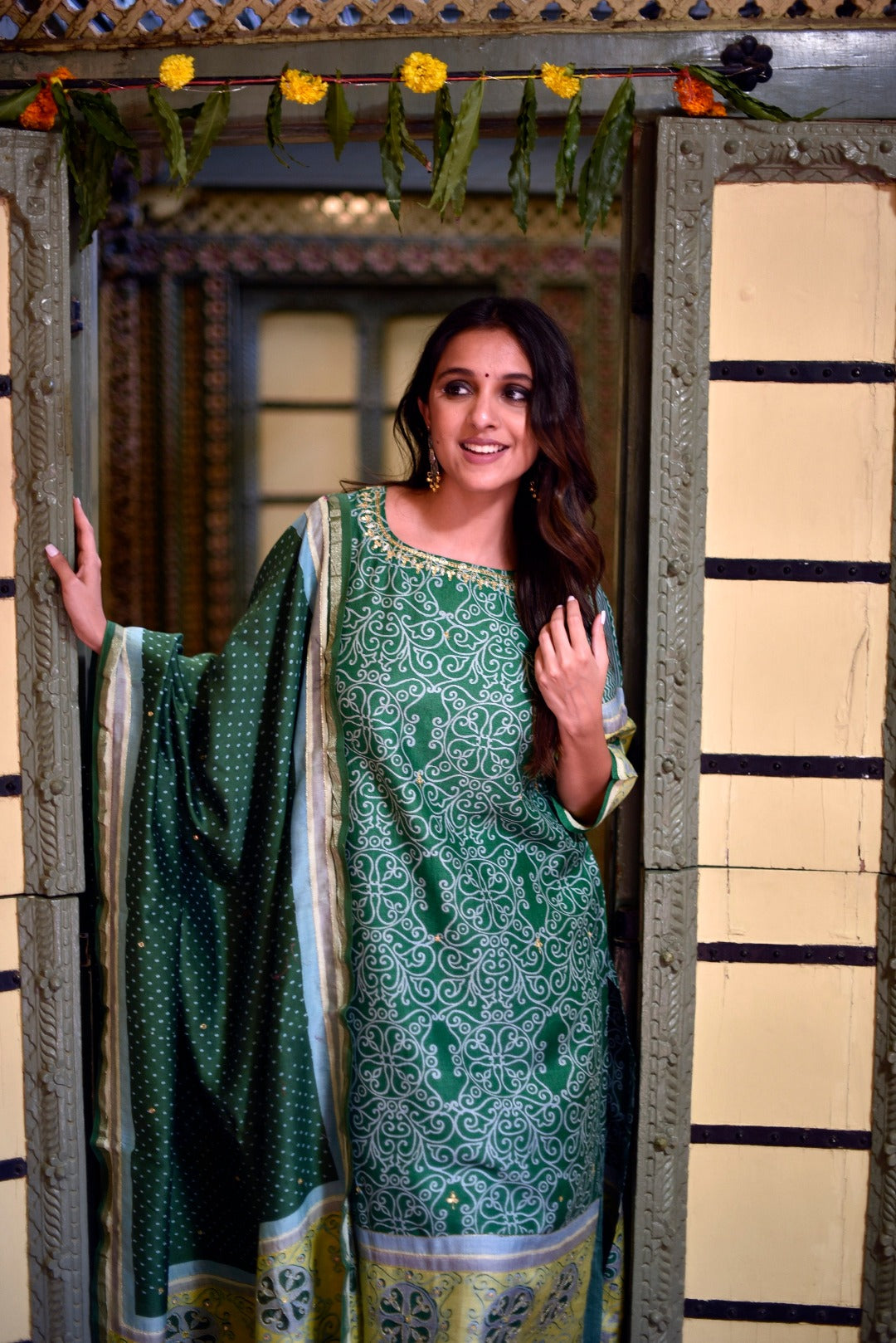 Sitara Green Block Print Munga Silk Kurta Bottom Dupatta Set | Ray-ethnic