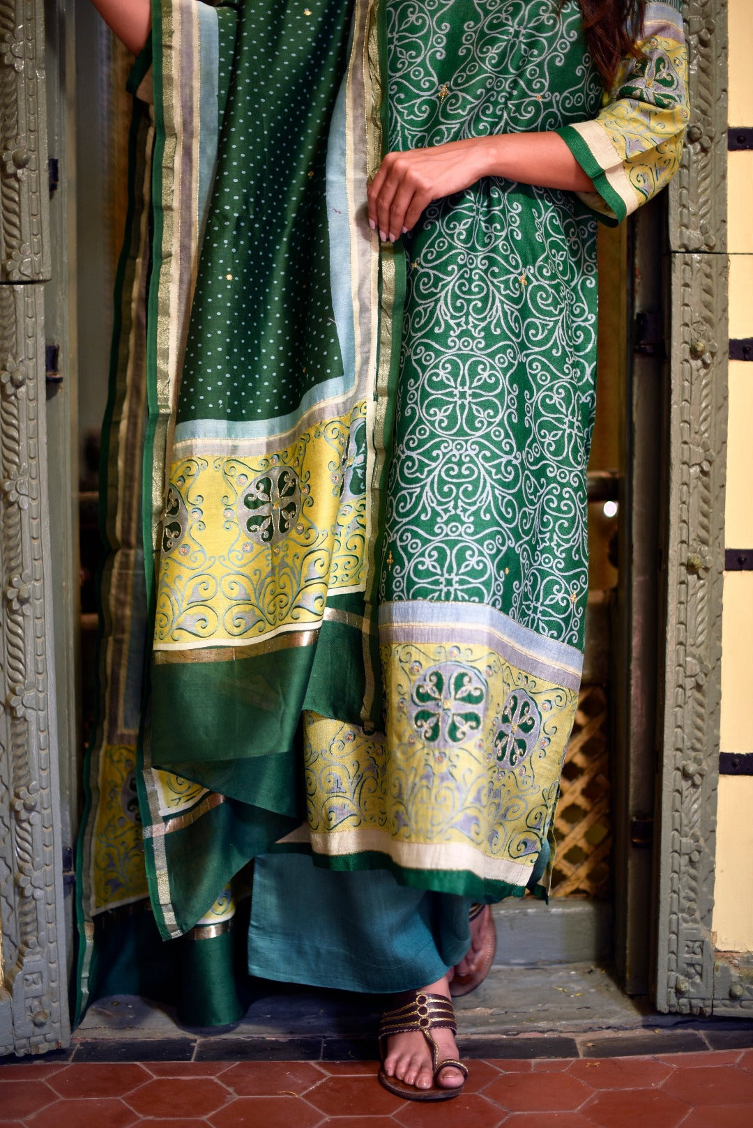 Sitara Green Block Print Munga Silk Kurta Bottom Dupatta Set | Ray-ethnic