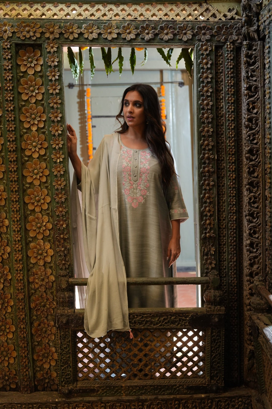 Sitara Grey Embroidered Chanderi Slub Kurta Bottom Dupatta Set | Ray-ethnic
