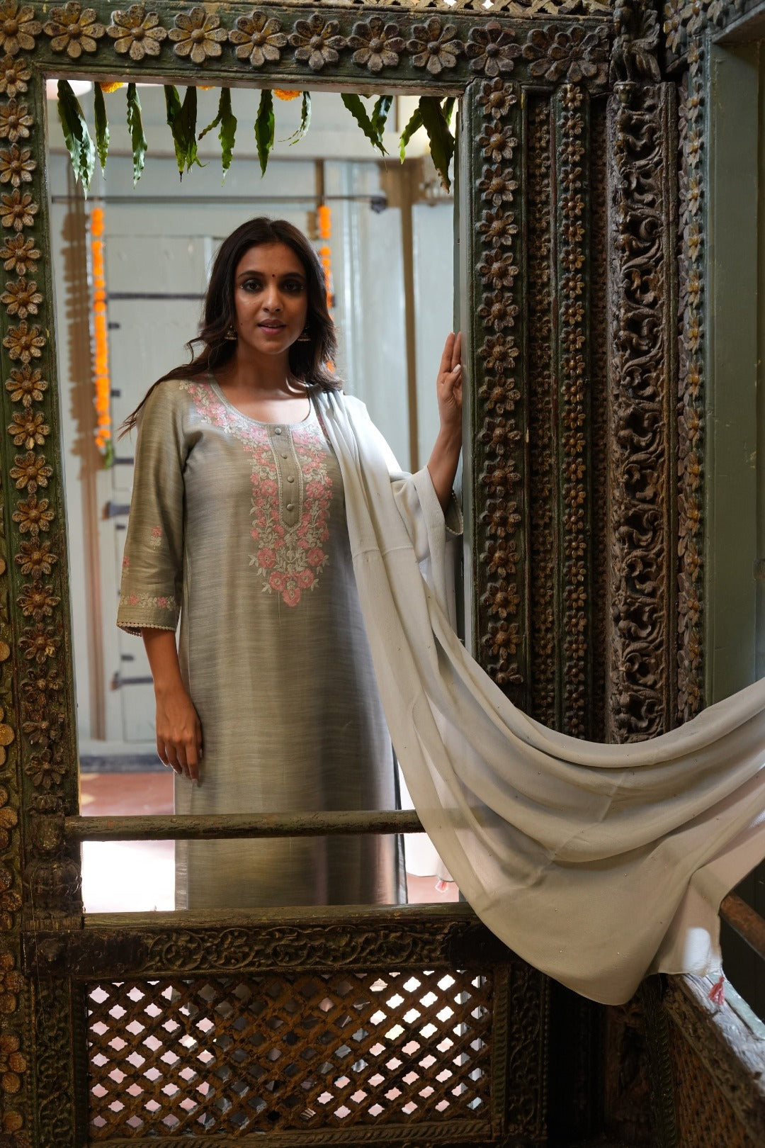 Sitara Grey Embroidered Chanderi Slub Kurta Bottom Dupatta Set | Ray-ethnic