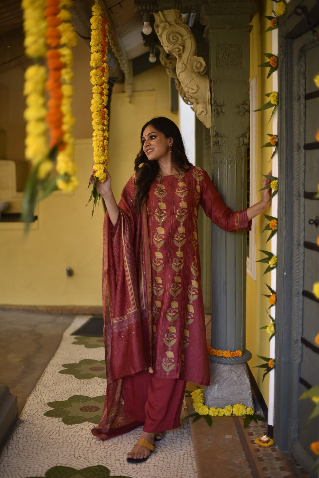 Sitara Block Print Munga Silk Kurta Bottom Dupatta Set | Ray-ethnic