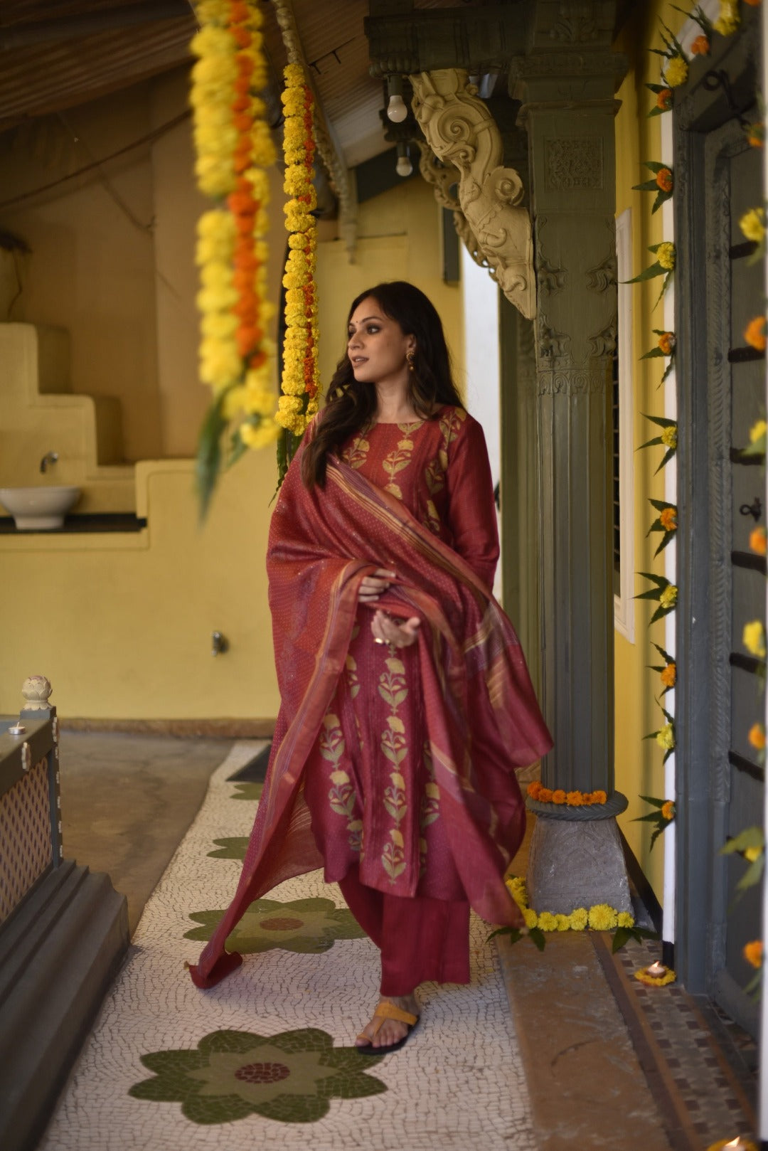 Sitara Block Print Munga Silk Kurta Bottom Dupatta Set | Ray-ethnic