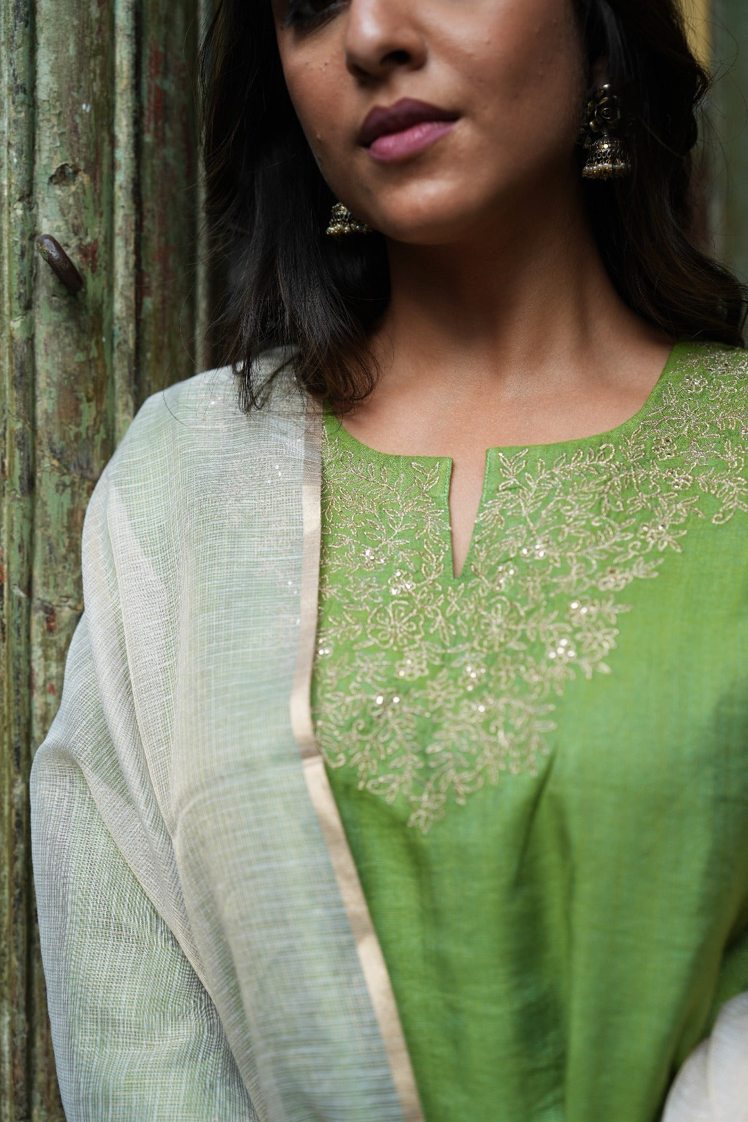 Sitara Green Silk Tissue Cotton Kurta | Ray-ethnic