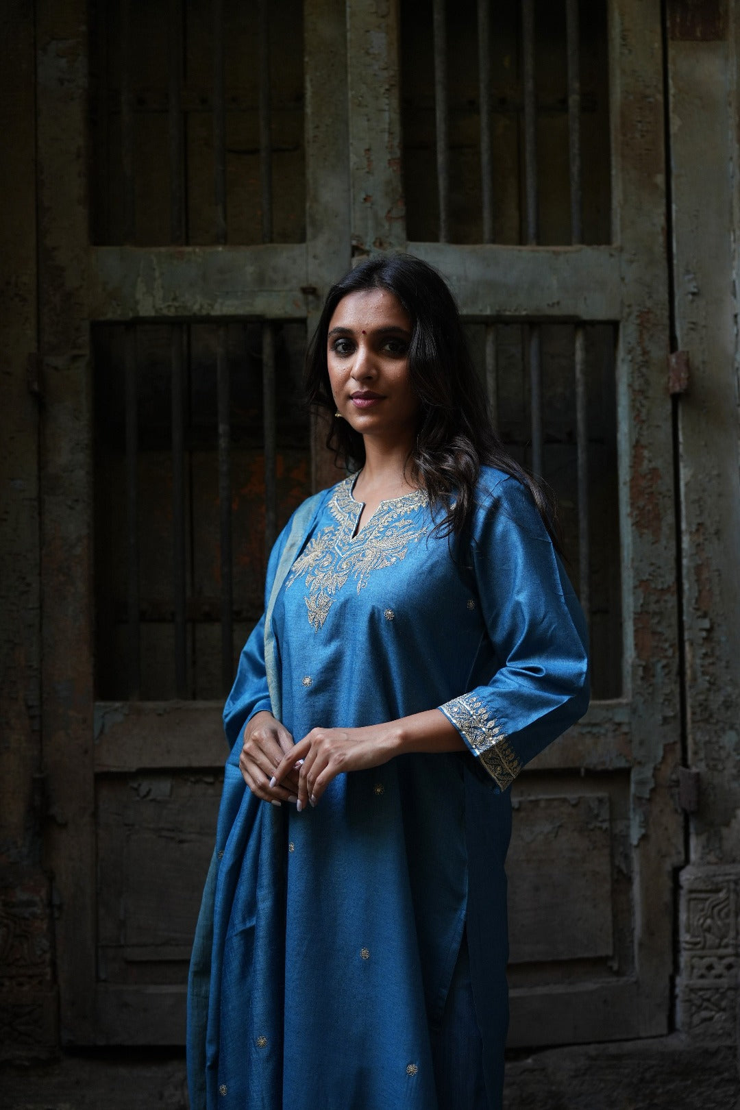Sitara Blue Embroidered Munga Silk Kurta Bottom Dupatta set | Ray-ethnic