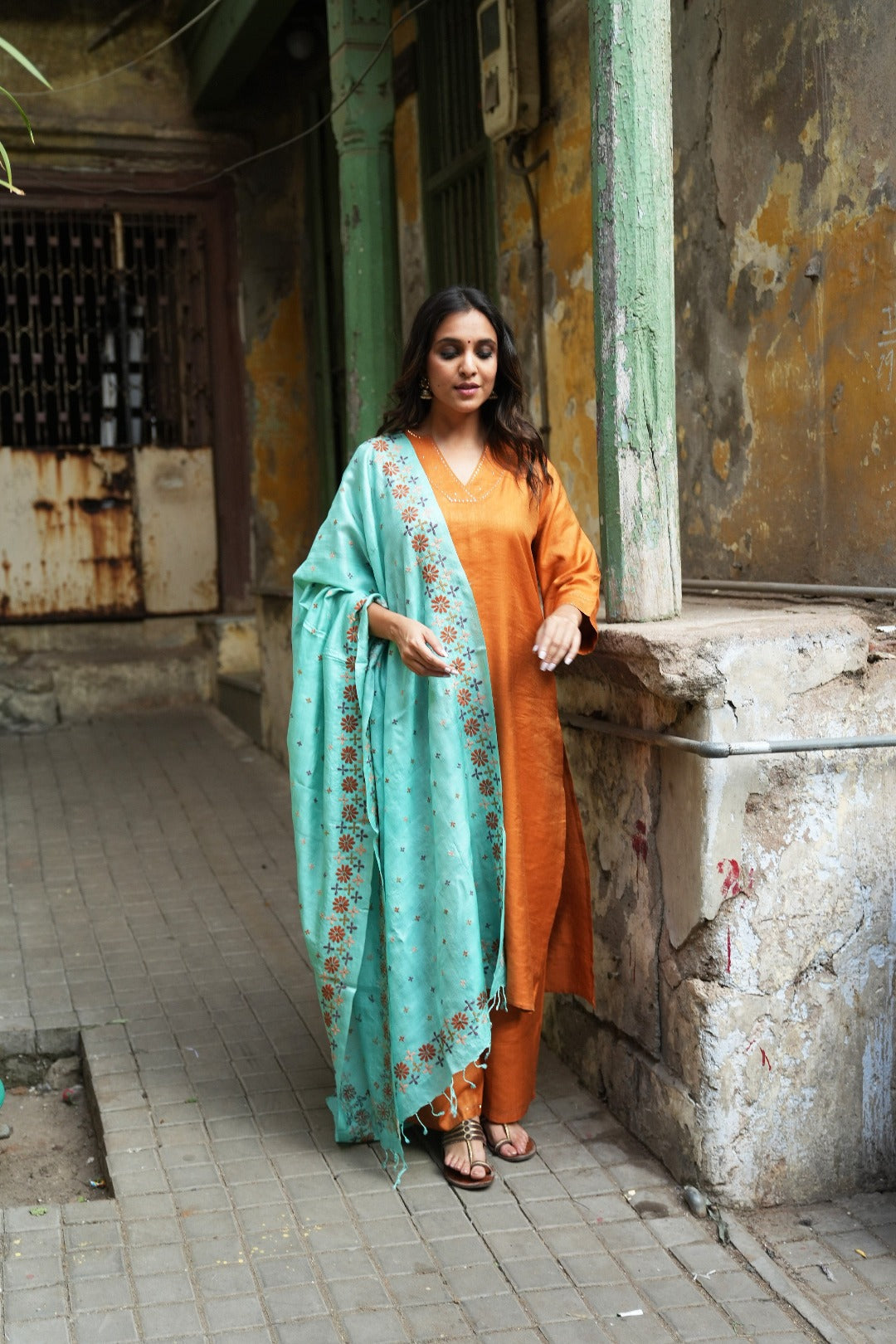 Sitara Orange Badla Work| Silk Cotton Kurta Bottom Set | Ray-ethnic