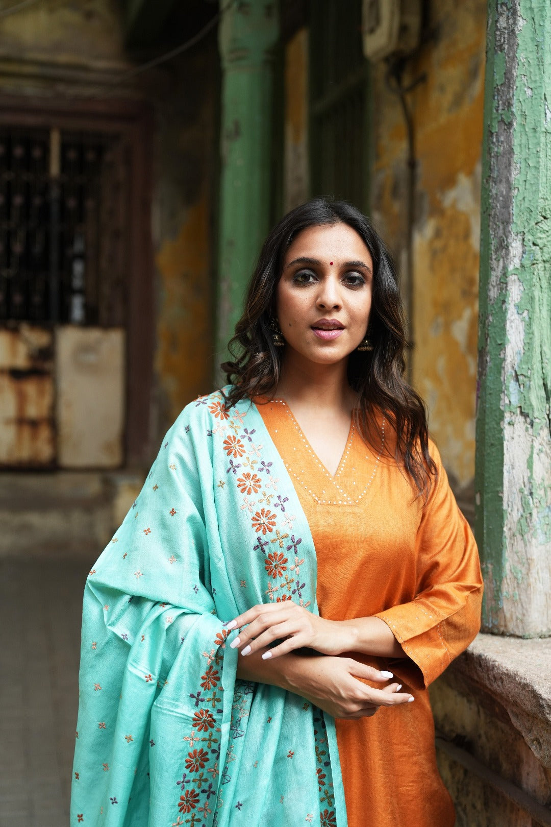 Sitara Orange Badla Work| Silk Cotton Kurta Bottom Set | Ray-ethnic