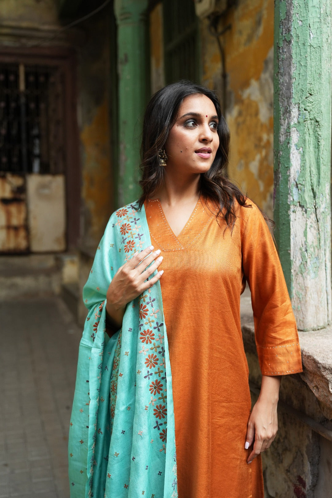 Sitara Orange Badla Work| Silk Cotton Kurta Bottom Set | Ray-ethnic