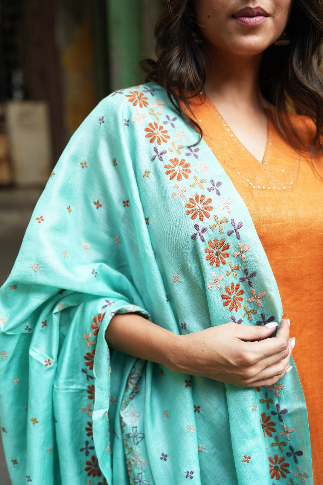 Sitara Orange Badla Work| Silk Cotton Kurta Bottom Set | Ray-ethnic