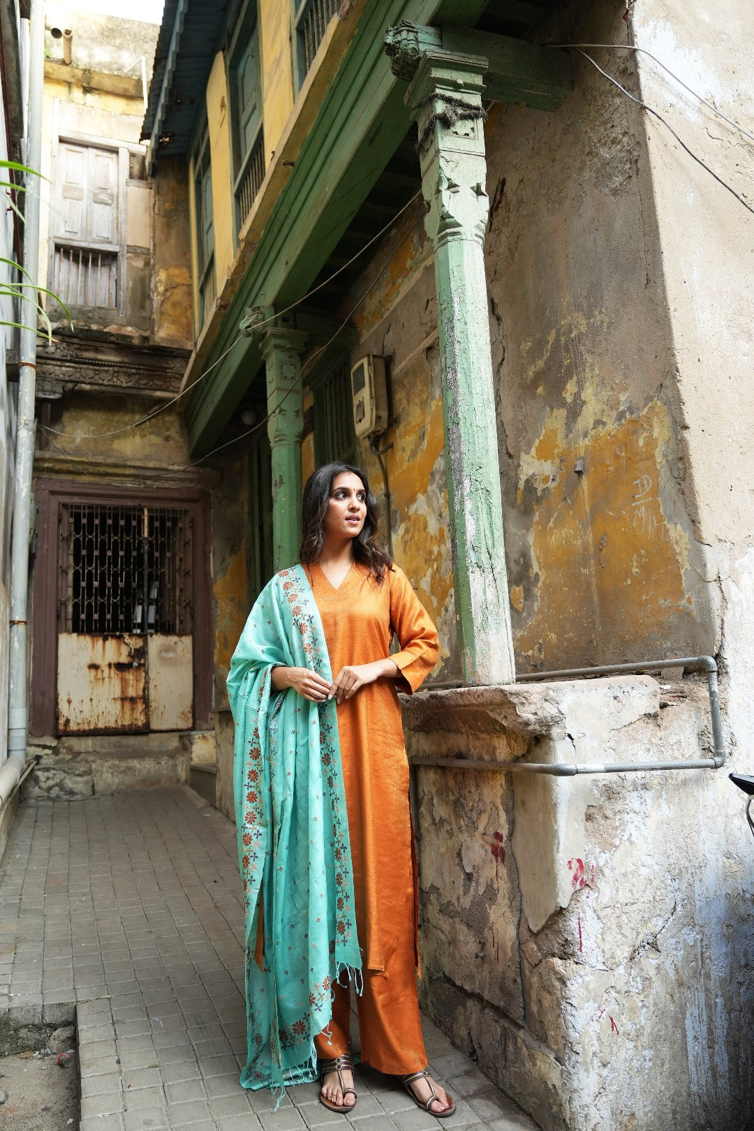 Sitara Orange Badla Work| Silk Cotton Kurta Bottom Set | Ray-ethnic