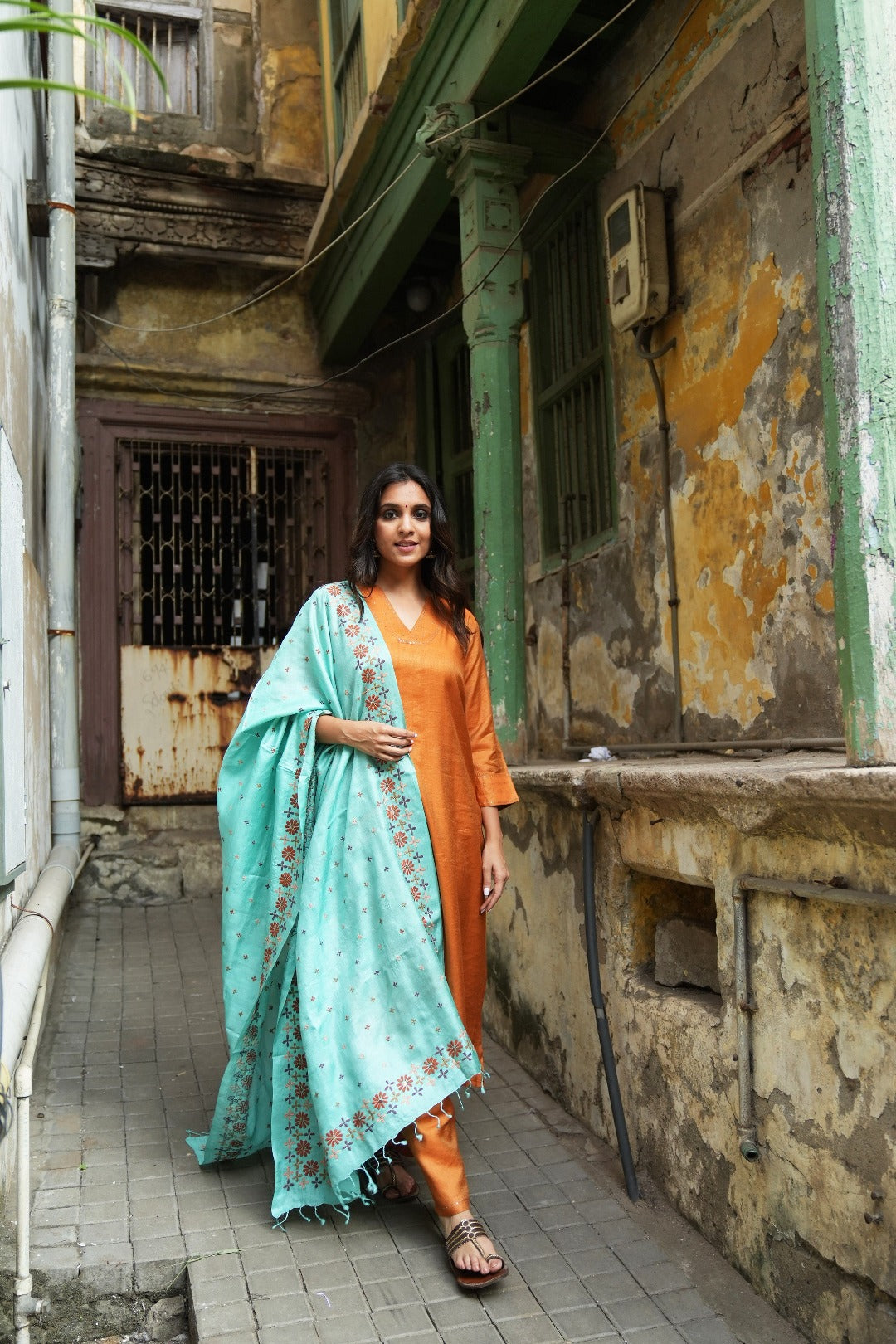 Sitara Orange Badla Work| Silk Cotton Kurta Bottom Set | Ray-ethnic